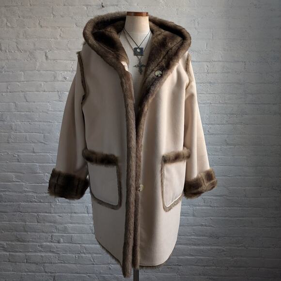 Vintage Brown Faux Fur Coat Vegan Suede Reversible Plush Cozy Trench Jacket - Picture 1 of 11